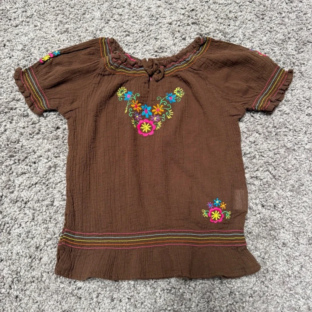 Y2K Vintage Childrens Place Embroidered Gauze Peasant Top Brown Toddler Girl 24M